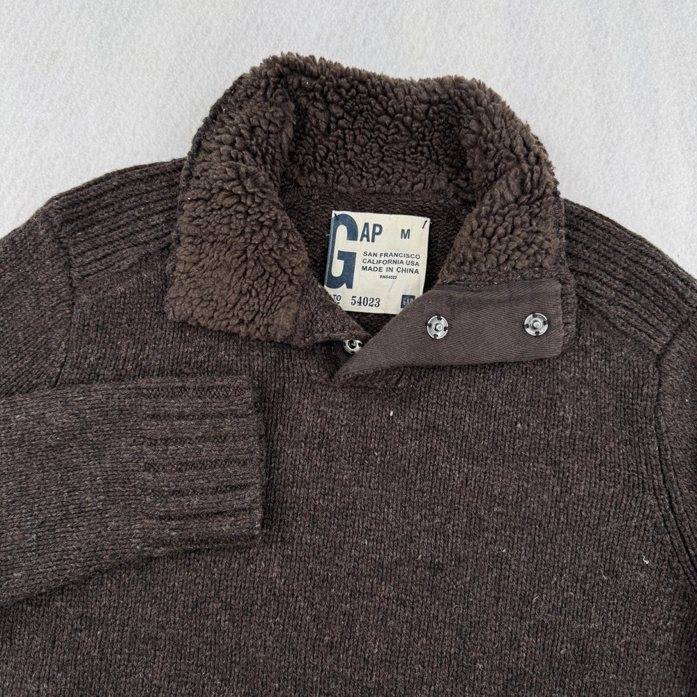 Y2K GAP Mens M Wool/Nylon Sherpa Lined Mock Neck Snap Sweater Brown Heavyweight